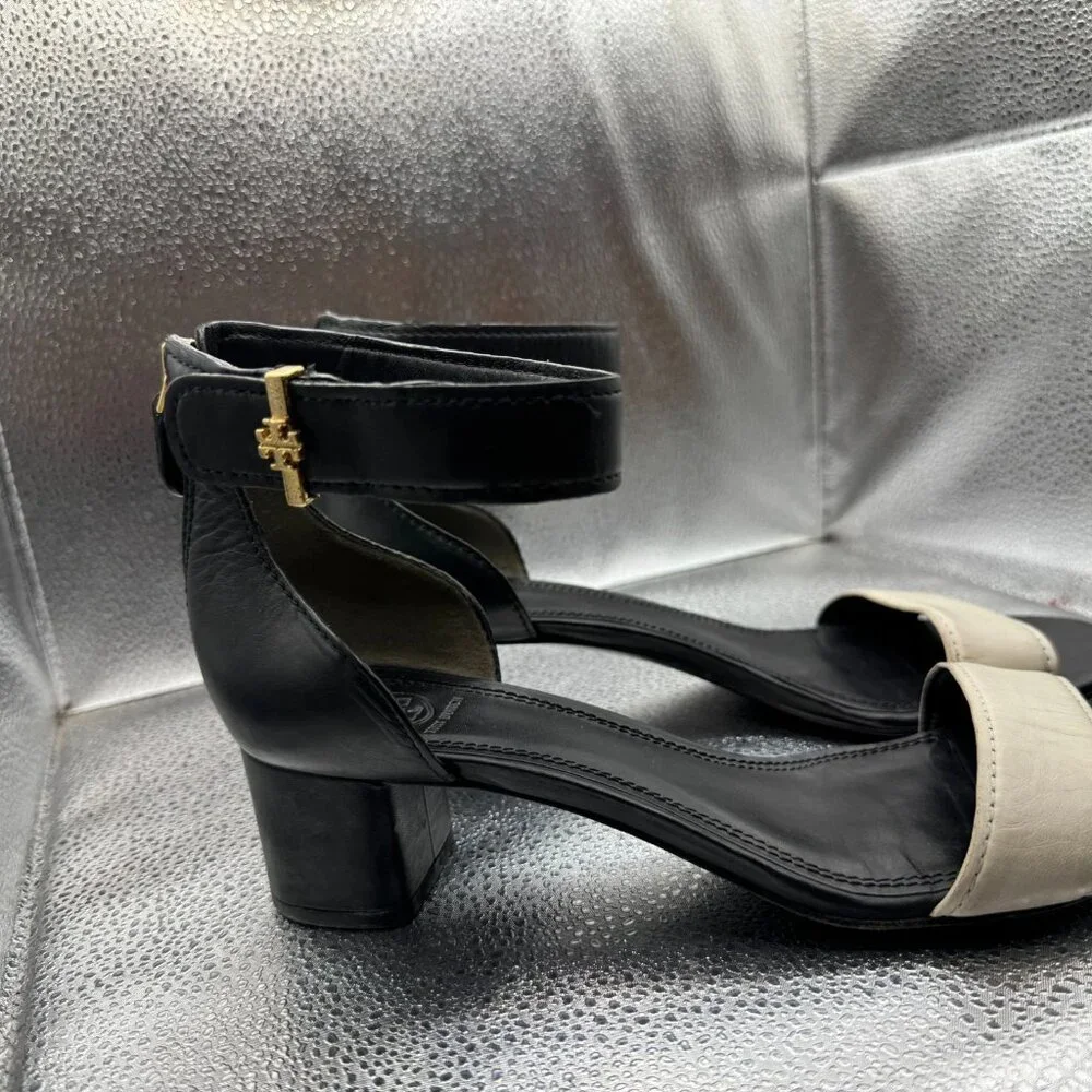 Size 9.5‎ M Tory Burch Black White Womens Two-Tone Block Heel Strappy Sandals